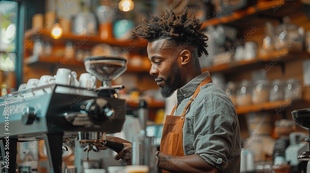 Side view of African American barista, professional at work, espresso machine focus, coffee shop ambiance, skilled craftsmanship, warm and inviting atmosphere, attention to detail, barista artistry, c Side view of African American barista, professional at work, espresso machine focus, coffee shop ambiance, skilled craftsmanship, warm and inviting atmosphere, attention to detail, barista artistry, c