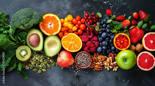  Representation of healthy nutrition with an assortment of vegetables and fruits elegantly arranged against a black backdrop