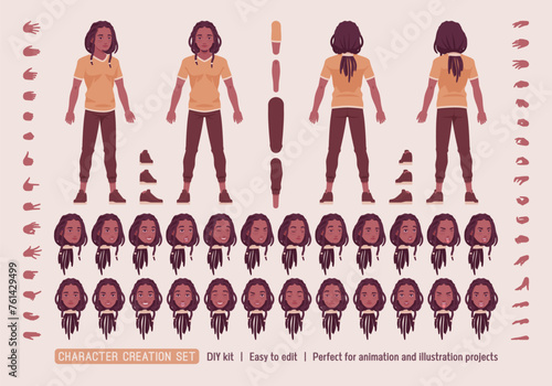 Young long dreadlocks man, ethnic hairstyle urban fashion outfit DIY character creation set. Male body figure parts. Head, leg, hand gestures, different emotions, construction kit. Vector illustration