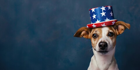 Cute Jack Russell Dog Wearing a 4th of July Hat with Space for Copy