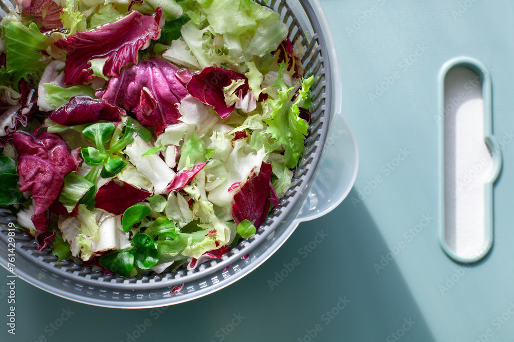 Keto concept. Top view of a pile of fresh mixed salads. Copy space.