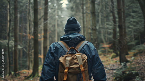 Back view of man hiking in the forest