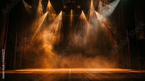 Warm stage spotlight shines in dark background. photo