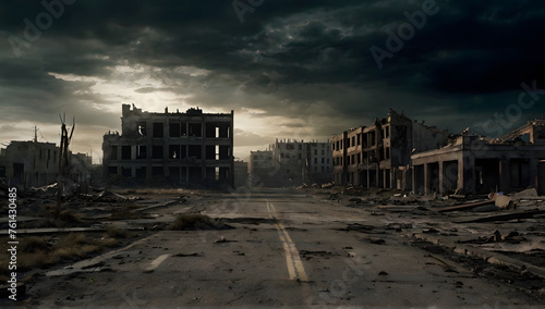 Image of a deserted city with dark clouds in the background © kriwan