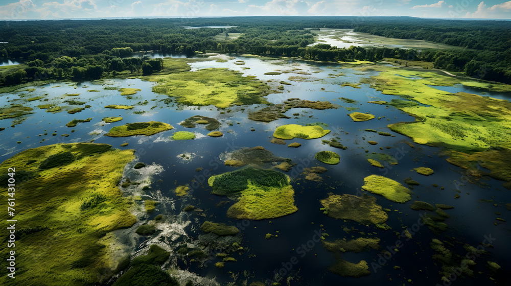 Aerial views of wetlands teeming with a variety of aquatic life,