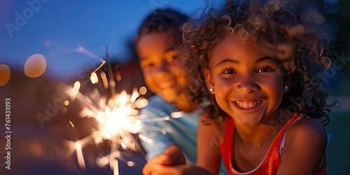 Cute American Kids Celebrating Independence Day with 4th of July Sparklers