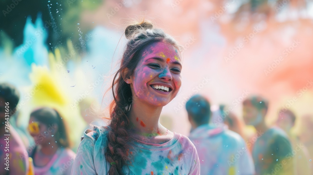 Colorful Celebration - Happy woman enjoying a festival with colorful powder in the air. Fictional character created by Generated AI. 