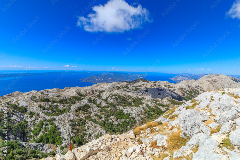 Sveti Jure Biokovo peak, Dinaric Mountains in Croatia, bird's eye view landscape