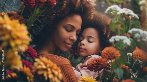 An african american mother and her doughter hugging each other surrounded flowers. Mother's day card.  photo