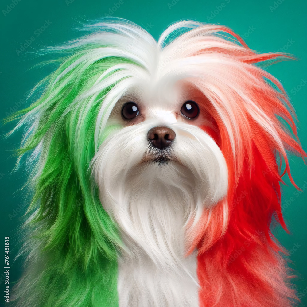 A comical image features a Maltese dog sporting a colorful wig against a vibrant green background. This playful depiction adds a humorous and lighthearted touch to the beloved breed, perfect for enter