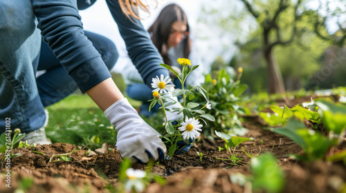 Young girls are planting flowers in a park. It's symbolizing the renewal and restoration of nature in honor of Earth Day.