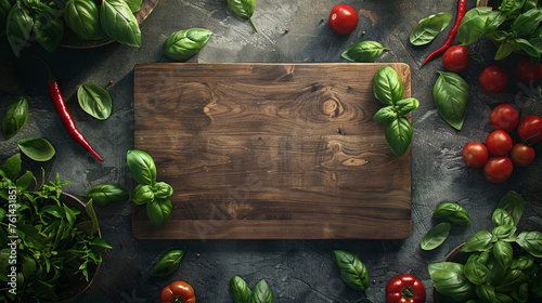 A close-up of an empty wooden board surrounded by greens and vegetables.  Top view. A stylish kitchen background. Empty space for product.