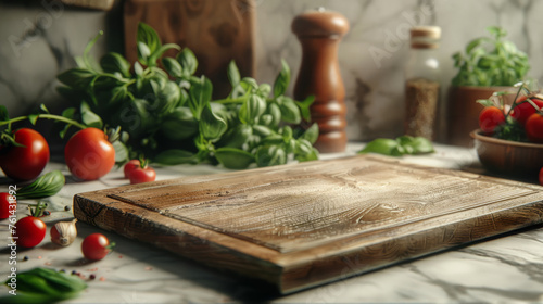A close-up of an empty wooden board surrounded by greens and vegetables. A stylish kitchen background. Empty space for product.
