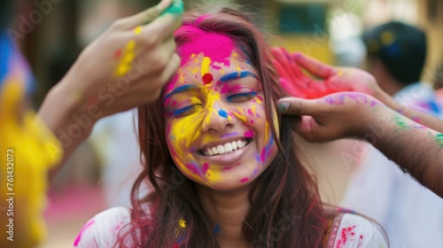 Colorful and Happy - Indian Woman with Painted Face and Hair. Fictional character created by Generated AI. 