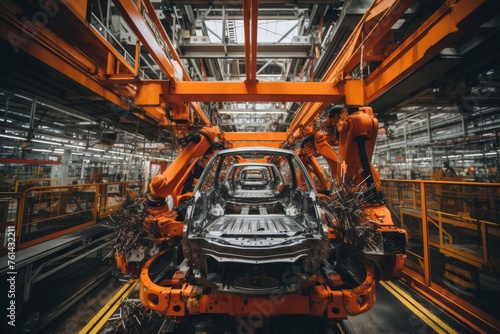 Futuristic scene. advanced electric vehicle assembly line at state-of-the-art automotive plant