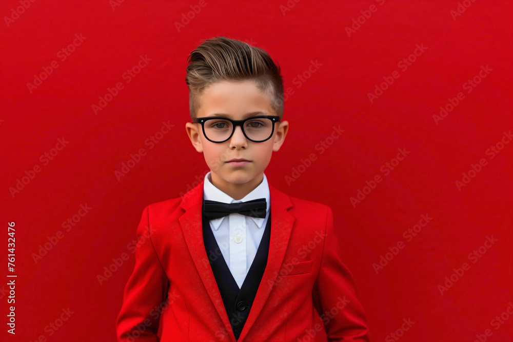 An elegant kid model in a suit, adjusting his glasses while standing confidently in front of a solid red wall background.