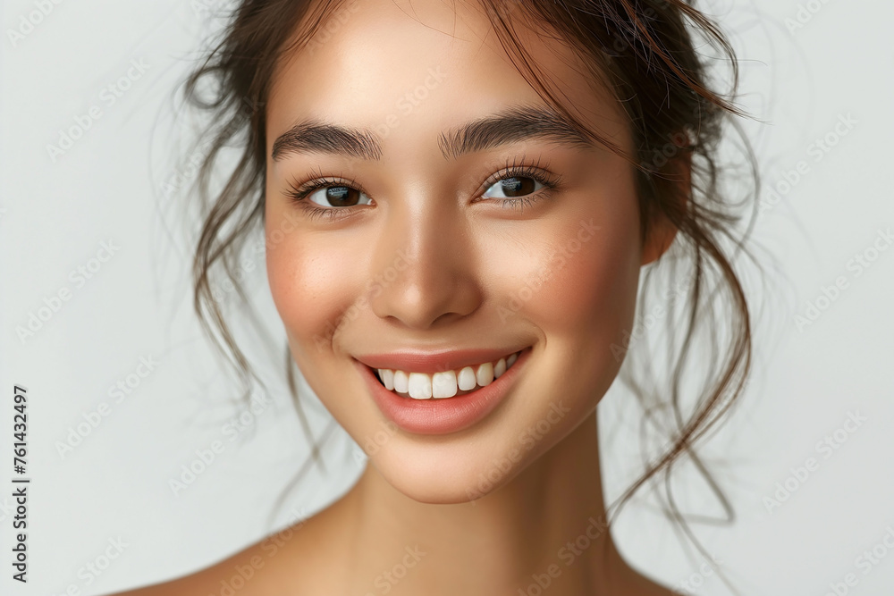 Obraz premium Beautiful young woman with perfect tan skin. Natural beauty, cosmetic, skin care concept. Copy space