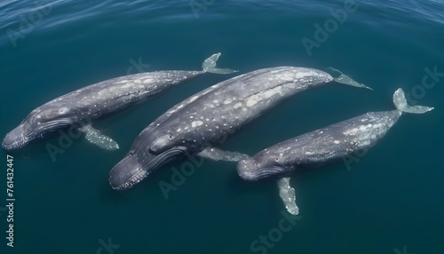 A Family Of Gray Whales Resting Near The Surface © Seher