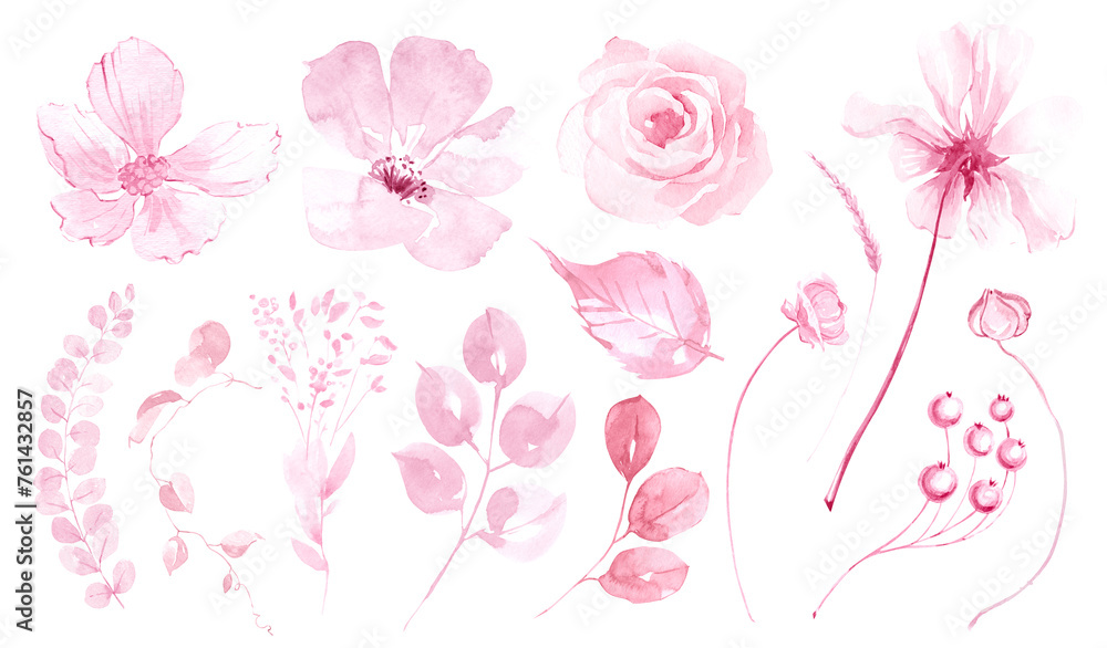 Pink flowers watercolor illustration clipart. Pink monochrome flowers, leaves, twigs. Pink roses, meadow tiny flowers. Botanical illustration