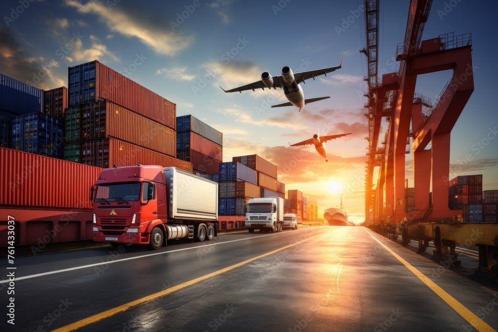 Global logistics container ship, cargo plane, truck with shipping ...