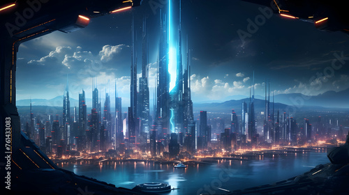 An intergalactic cityscape bathed in the glow of neon lights