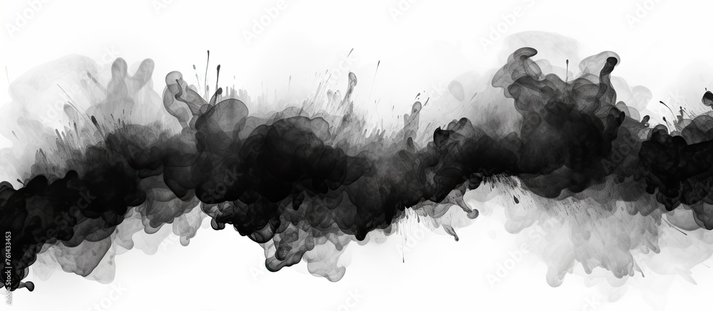 Obraz premium A black ink splash on a white background resembling a cumulus cloud in a monochrome photography style, creating a striking contrast reminiscent of a freezing winter landscape