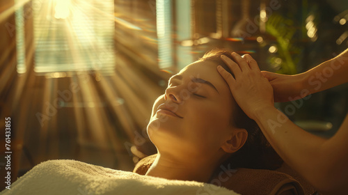 A relaxing head massage at spa, close up. Woman receiving a calming head massage. Sunlight background.