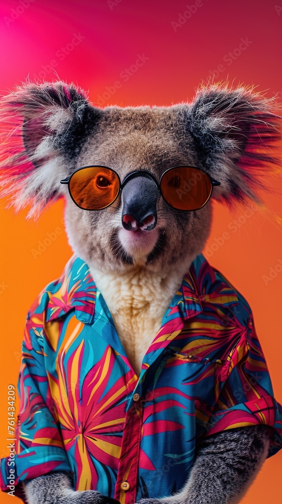 cute gray fluffy koala in sunglasses and colorful shirt against bright gradient background