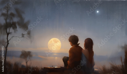 Young couple sitting together under the moonnight, Semi-abstract loosely painting, Stylized digital speed painting. photo