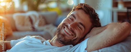 Happy man laying down on sofa