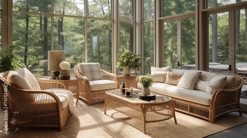 Sunroom with organic curved rattan loveseat and armchair set. photo