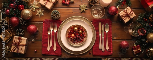 Overhead view of a festive Christmas cutlery setting on a table