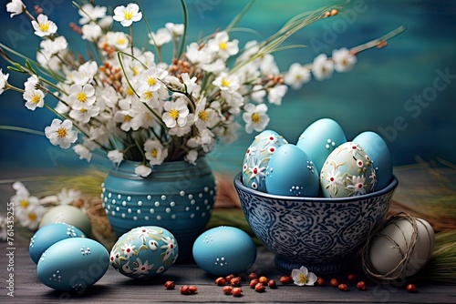 Happy Easter. Congratulatory easter background. Easter eggs and flowers - generative ai © Nia™