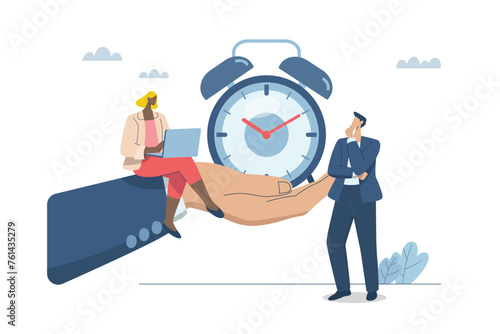 Manage business schedules and determining working hours, Effective time management by managers or bosses, Big hand holding alarm clock with business team. Vector design illustration.