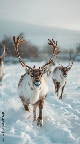 Reindeer running in snowy field under sky