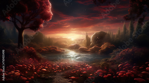 Fantasy landscape with a river, trees, and red flowers in the foreground, with a sunset in the background.