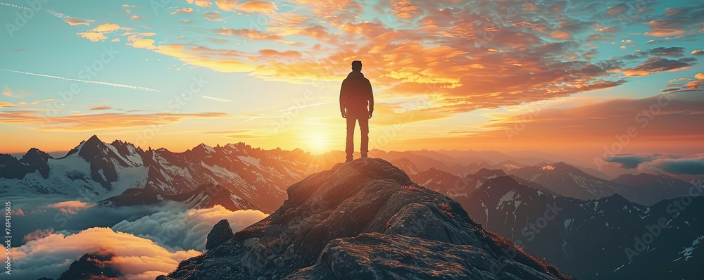 Silhouette of a man on top of a mountain peak - obrazy, fototapety, plakaty 