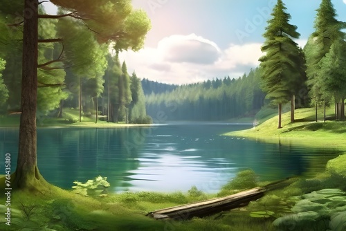 A beautiful natural landscape in the forest with a lake flowing amidst the forest and trees. seamless looping time-lapse virtual video animation background. Generative AI