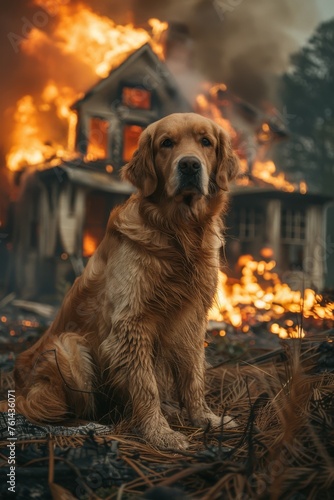 Golden retriever dog sitting near a burning house, fire