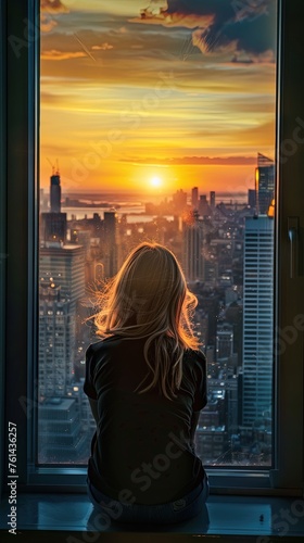Woman contemplating cityscape through a window at sunset © Svitlana