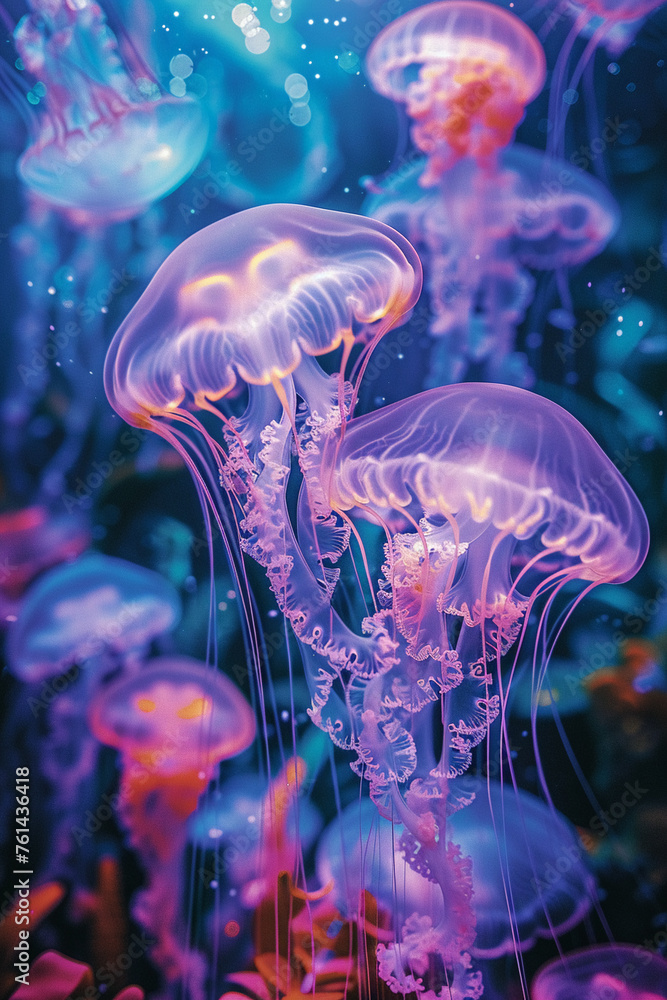 Jellyfish floating in an ethereal dance at an underwater Jellyfish floating in an ethereal dance at an underwater