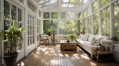 Sunroom with recycled wooden floors and industrial accents.