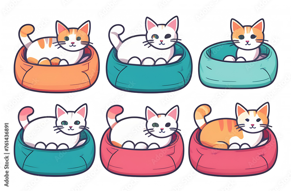 A set of web illustrations of a recumbent cat on a cat sofa, a lounger, highlighted on a white background.High quality photo