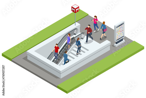 Isometric Entrance to the Subway isolated on white. Vehicles designed to carry large numbers of passengers. Underground train station exterior. Metro system, metropolitan city transport.
