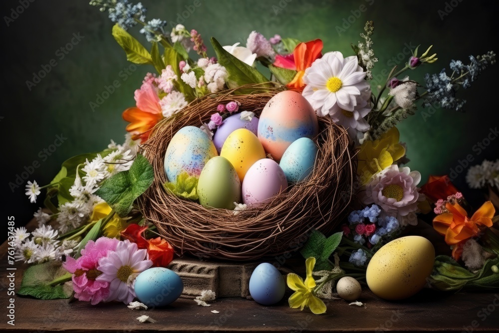 Happy Easter. Congratulatory easter background. Easter eggs and flowers - generative ai Happy Easter. Congratulatory easter background. Easter eggs and flowers - generative ai