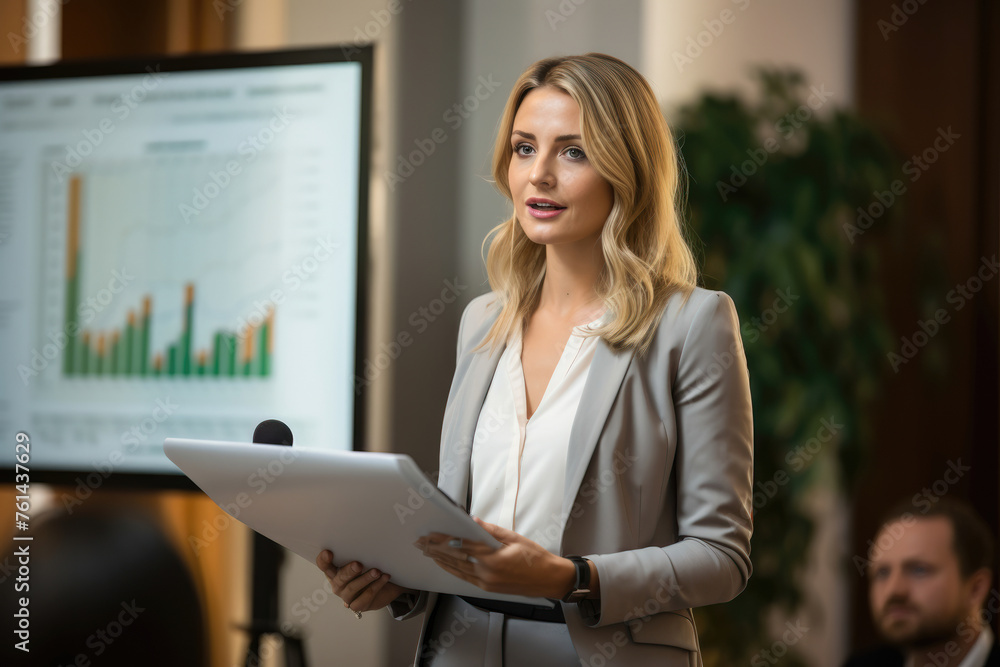 Professional woman presenting financial data on screen in a business meeting. Professional woman presenting financial data on screen in a business meeting.