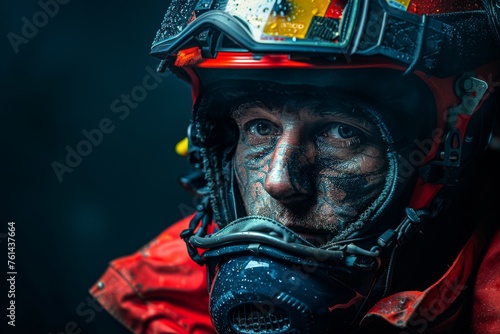 Close-up of a technical rescue expert in full gear during a mission