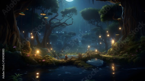 An enchanted forest bathed in soft moonlight  where mystical creatures and fireflies create a magical ambiance.