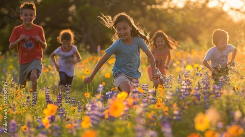 Joyful Children in Spring Wildflowers