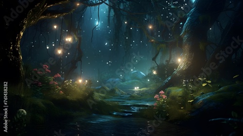 An enchanted forest bathed in soft moonlight, where mystical creatures and fireflies create a magical ambiance. © pipo